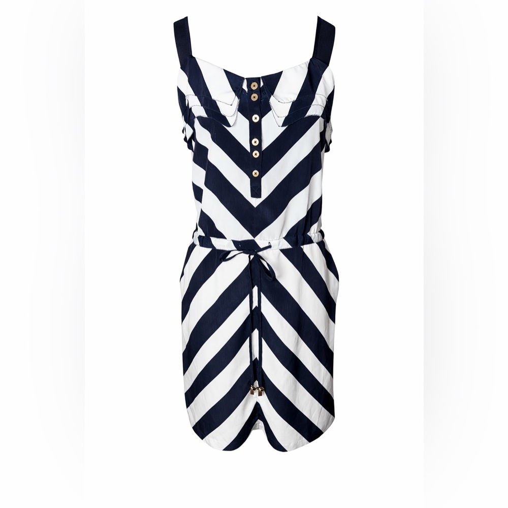 Cache Navy White Chevron Stripe Mini Dress Nautical‎ Tie Waist- Small